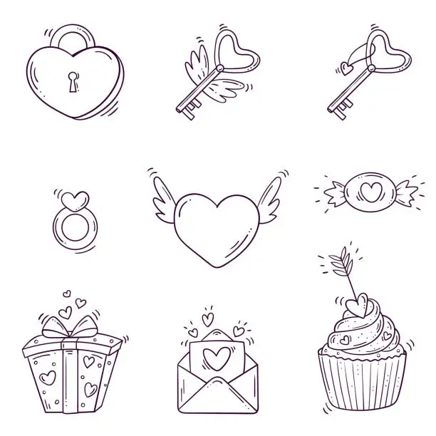 Vector illustration of Set of black and white elements for st. Valentines day in doodle style