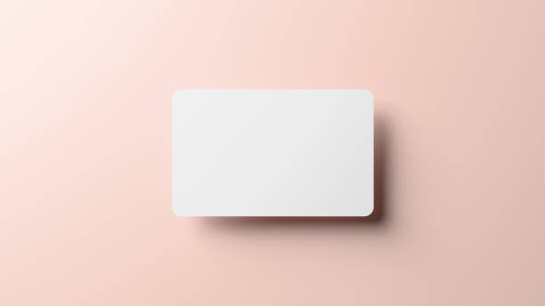 maqueta de tarjeta de crédito en blanco flotando sobre un fondo neutro en renderizado 3d. simulada de tarjeta de visita de esquinas redondeadas para plantilla de diseño - tarjeta de felicitación fotografías e imágenes de stock