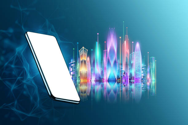 istock Smartphone and hologram smart city, big data transmission technology concept. 3D rendering, 3D illustration. 1298149933