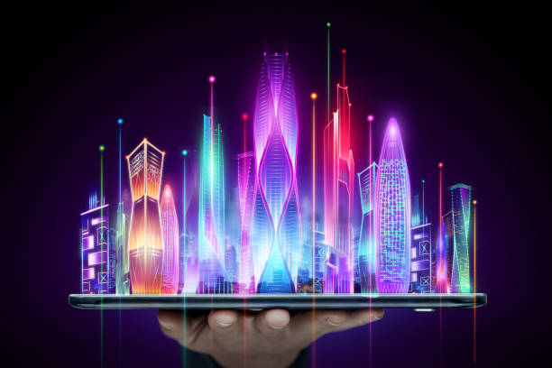 istock Creative background, hand holding tablet and hologram smart city, big data transmission technology concept. 1298149942