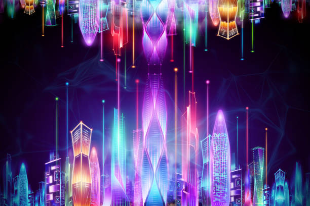 istock Hologram smart city night neon on dark background, big data transmission technology concept. 3D rendering, 3D illustration. 1298149945