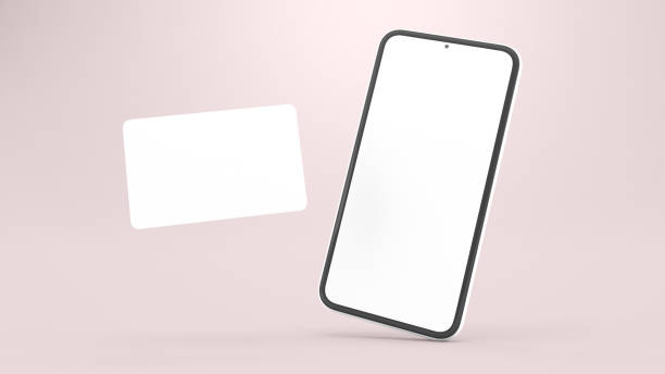 maqueta genérica de teléfono móvil y tarjeta de crédito en renderizado 3d realista. pantalla en blanco y plantilla de diseño. concepto de compra online - levitación fotografías e imágenes de stock