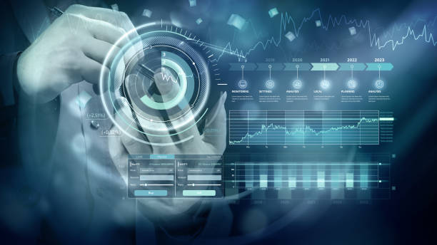 istock Financial background with holographic corporate development infographics 1298150081