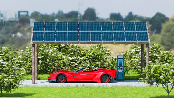 Solar power panels charges electric car parked outside