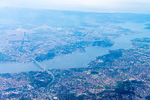 Aerial view from a plane of Istanbul city, Turkey.