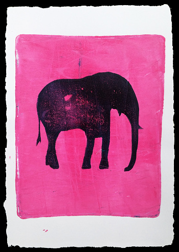Elephant sillouette Hand Print with acrylic on paper, white, pink and dark blue