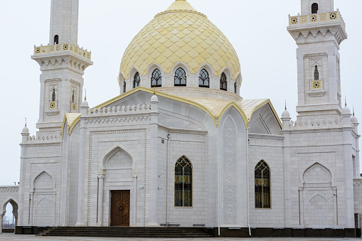 Bulgarian settlement. White Muslim mosque of the Bulgarians on a cloudy spring day in Bolgar, Tatarstan, Russia.