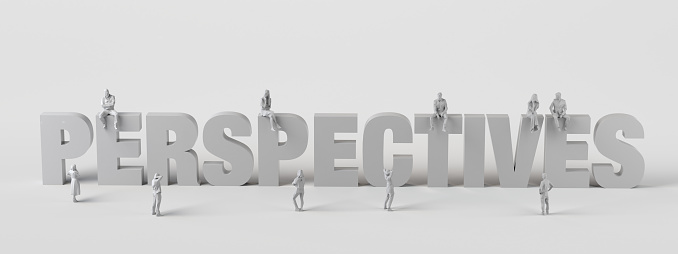 Perspectives word with people looking in different directions. 3d illustration.