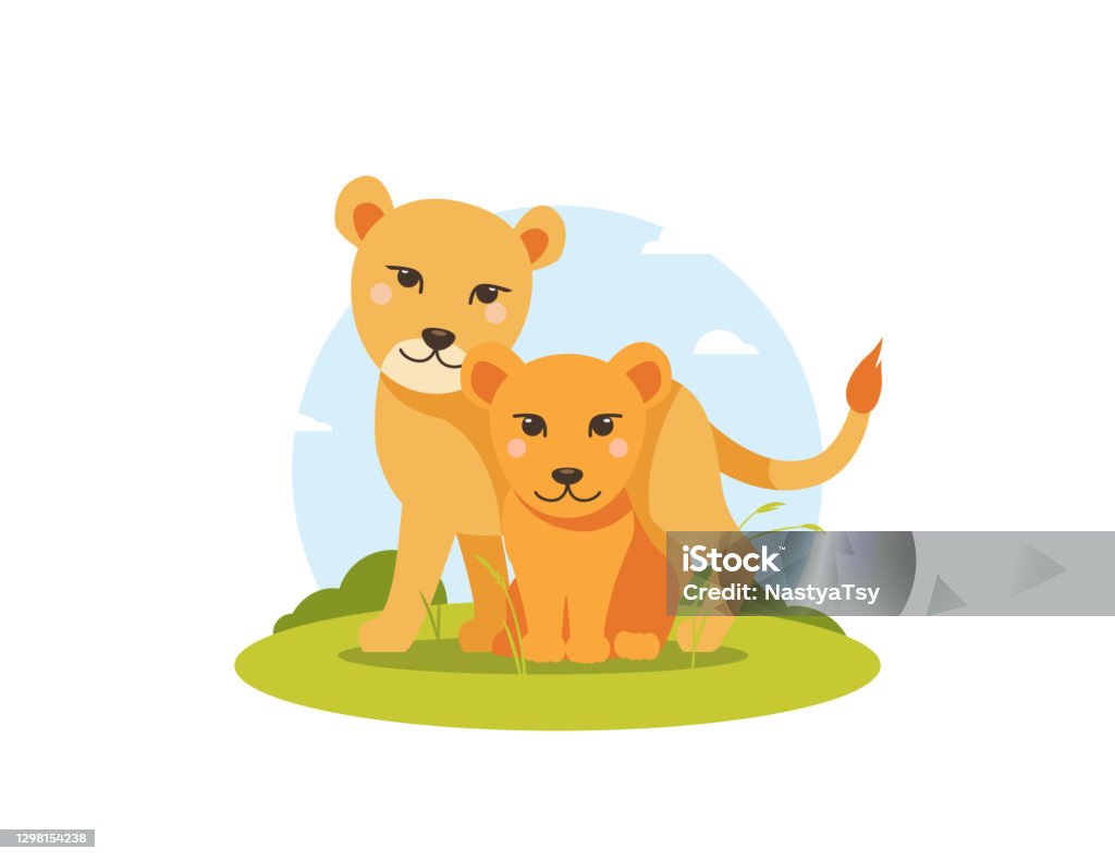 Vector Lioness And Lion Cub In Flat Cartoon Style With Landscape Stock  Illustration - Download Image Now - iStock