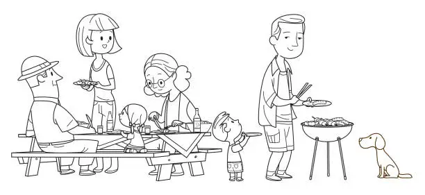 Vector illustration of Black And White, Happy Family Picnic