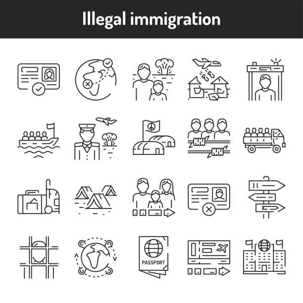 ilustrações de stock, clip art, desenhos animados e ícones de illegal immigration color line icons set. - refugees