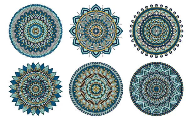 Vector illustration of Set of 6 mandalas painted in the same palette, vector illustration