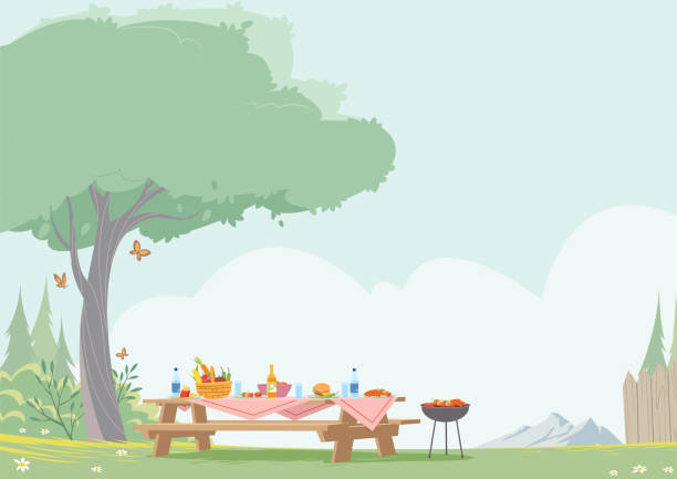 hölzerner picknicktisch mit bänken auf parkhintergrund - picknick stock-grafiken, -clipart, -cartoons und -symbole