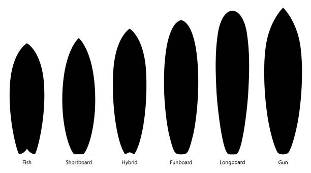 ilustraciones, imágenes clip art, dibujos animados e iconos de stock de conjunto de siluetas negras de tablas de surf, ilustración vectorial - tabla de surf