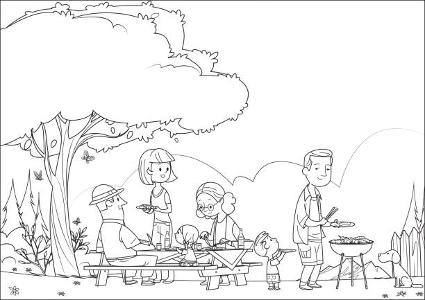 Black And White, Family on BBQ party on the backyard Vector Black And White, Family on BBQ party on the backyard snag tree stock illustrations