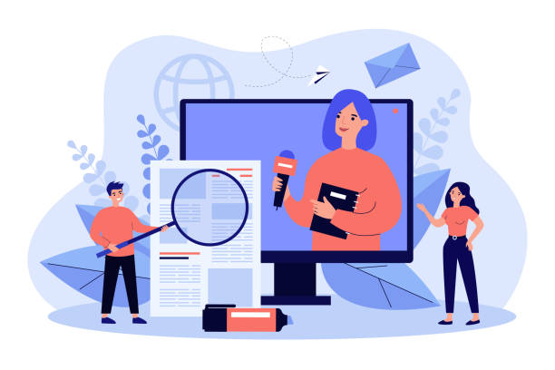 Broadcasting with journalist or newscaster Broadcasting with journalist or newscaster reading newsletter, reporting news. People watching news on TV, reading press. Vector illustration for digital television, media, communication concept television industry illustrations stock illustrations