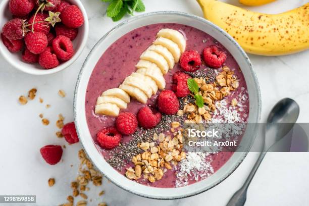 Acai Smoothie Bowl With Toppings Stock Photo - Download Image Now - Smoothie, Bowl, Acai