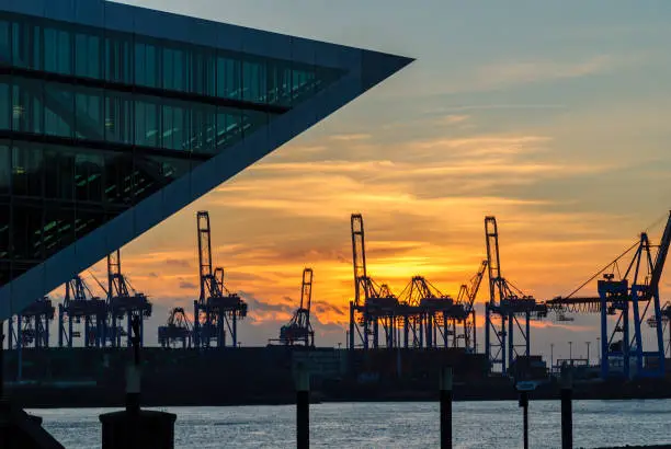 Hamburg harbor, Germany: crane silhouettes at sunset at a cloudy day