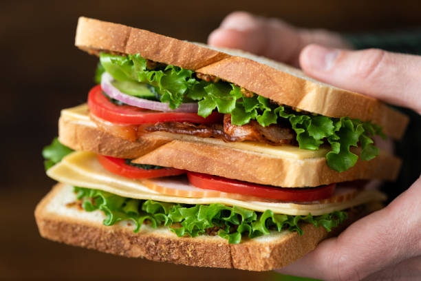 клубный сэндвич с беконом, сыром, ветчиной - club sandwich sandwich french fries turkey стоковые фото и изображения