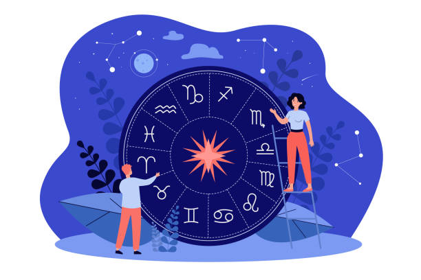 Tiny people casting horoscope Tiny people casting horoscope, studying zodiac signs or ancient calendar, creating natal chart against stars and constellations on night sky. Vector illustration for astronomy, astrology concept nature calendar stock illustrations