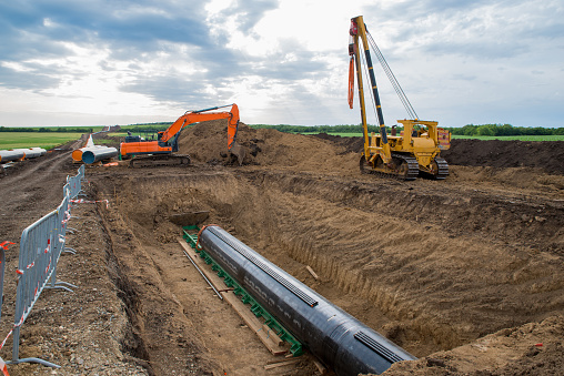 Construction works for laying the pipe of gas pipeline. Horizontal directional drilling.