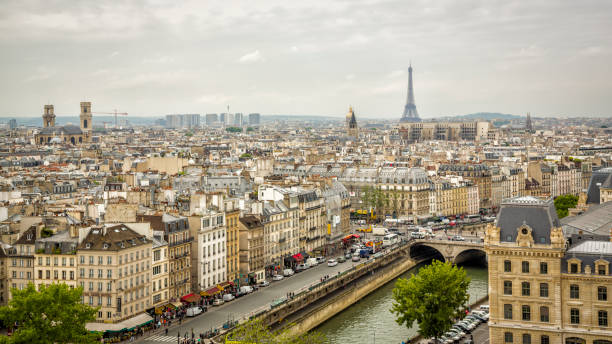 ノートルダム大聖堂の頂上から見た街の景色とエッフェル塔、パリ、フランス - notre ストックフォトと画像