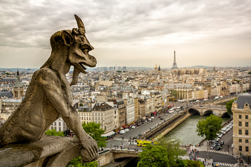 Gargoyle sitting on Notre Dame Cathedral and looking on Paris cityscape and the Eiffel tower.\n\nThe focus is on the Gargoyle