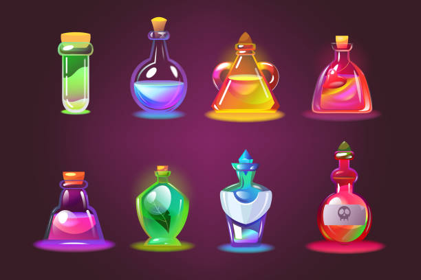 ilustrações de stock, clip art, desenhos animados e ícones de bottles of magic potions set - old laboratory alchemy alchemist