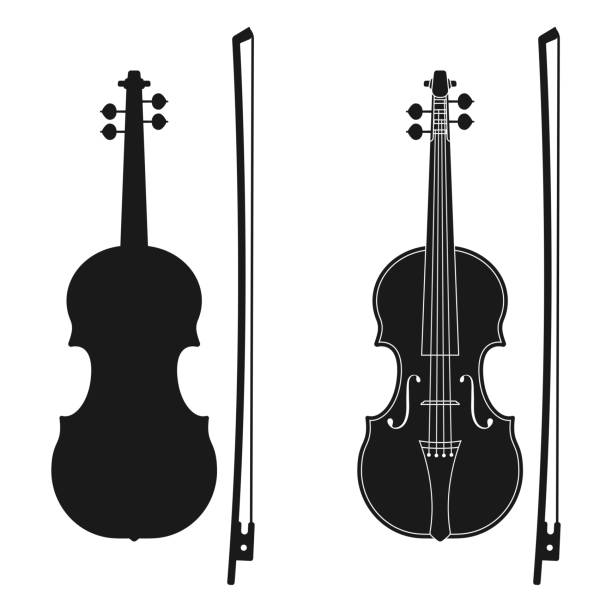 ilustraciones, imágenes clip art, dibujos animados e iconos de stock de icono de violín. silueta de instrumento musical. ilustración vectorial. - arco equipo musical