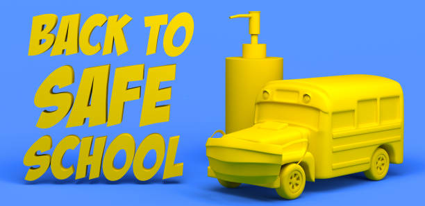 istock Banner with school bus and liquid soap with the text back to safe school. 3d illustration. 1298166427