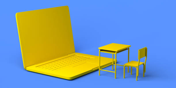 istock Online school. Laptop in front of class desks. 3d illustration. 1298166440