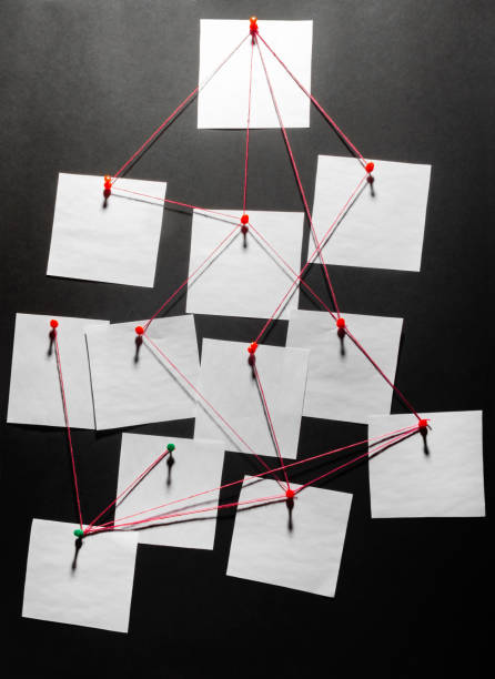 Black detecftive board with blank paper linked by red thread. Photo of a black detecftive board with blank paper linked by red thread. organized crime photos stock pictures, royalty-free photos & images