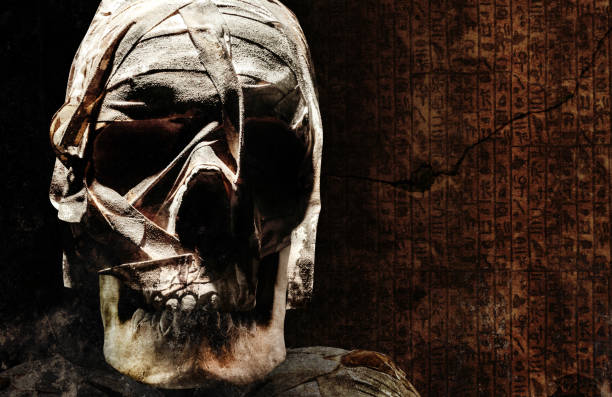 Old ancient egyptian mummyfied human skull with bondages. stock photo