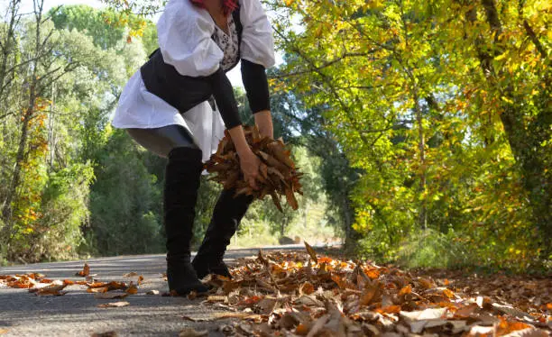 Picking up yellow leaves on the roadside among the chestnut forest, red-haired woman