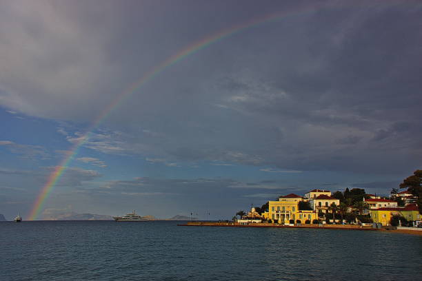 Summer rainy sunset with a rainbow over Spetses Island, Greece