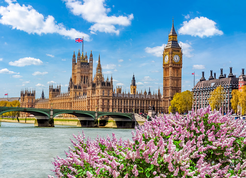 Big Ben tower and Houses of Parliament in spring, London, UK