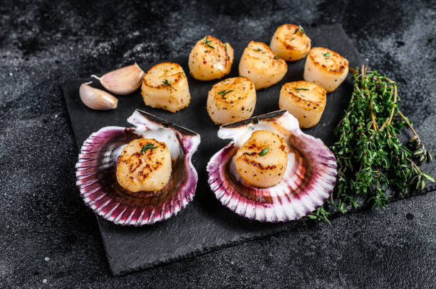 istock Fried seafood scallops meat with butter in a shells. Black background. Top view 1298169632