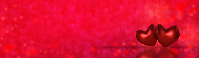 horizontal long panorama of heart model, red, pink texture, decoration, love, engagement background for design, postcards, concept of marriage proposal, Valentine's Day, 3d illustration, 3d rendering