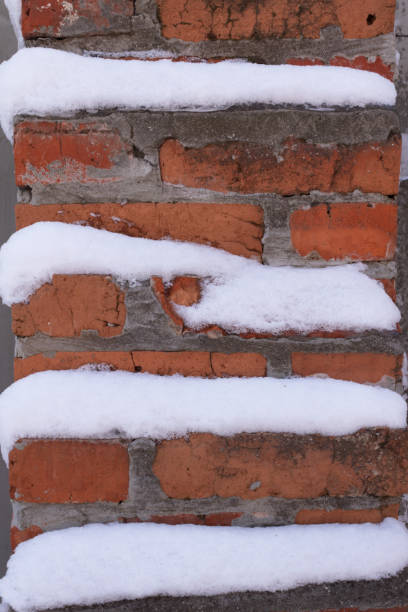 istock Red brick ledges against the wall thickly covered with snow 1298169967