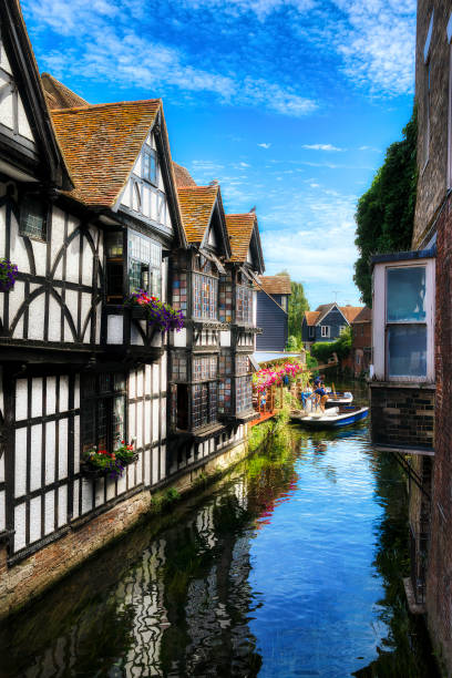 The Great Stour River Running North East from High Street in the City of Canterbury, Kent, England The Great Stour River running North East from High Street in the city of Canterbury, Kent, England canterbury uk stock pictures, royalty-free photos & images