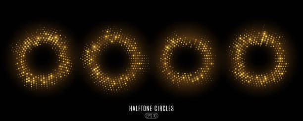 istock Set of abstract golden glittering halftone circles. Luxurious glowing dots circles for a disco party. Festive round frames for graphic design. Vector illustration. 1298170114