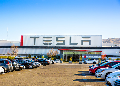 Fremont, CA, USA - January 20, 2021: Tesla factory plant,  an American electric vehicle and clean energy company based in Palo Alto, California