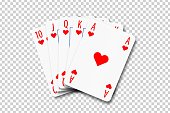 Vector realistic isolated playing cards with royal flush poker combination on the transparent background.