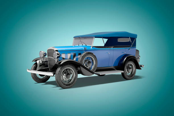 istock Classic retro car blue isolated 3d rendering on blue background with shadow 1298172470