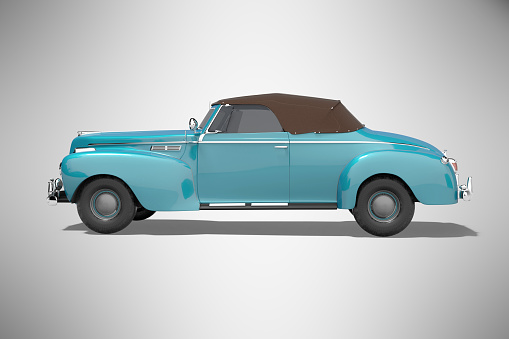 3d rendering blue classic convertible leather car side view isolated on gray background with shadow