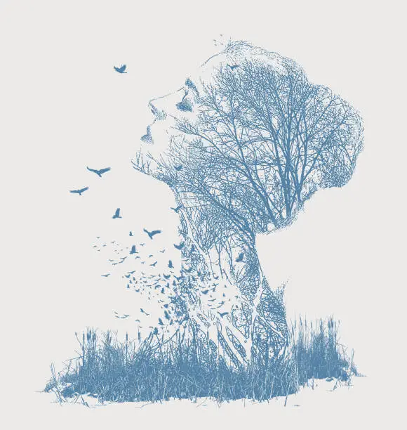 Vector illustration of Multiple exposure of woman, trees and birds