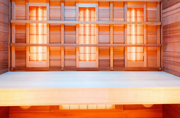 Interior of empty classic wooden sauna, infrared panels