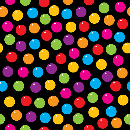 Vector seamless pattern of colorful gum balls on black dquare background.