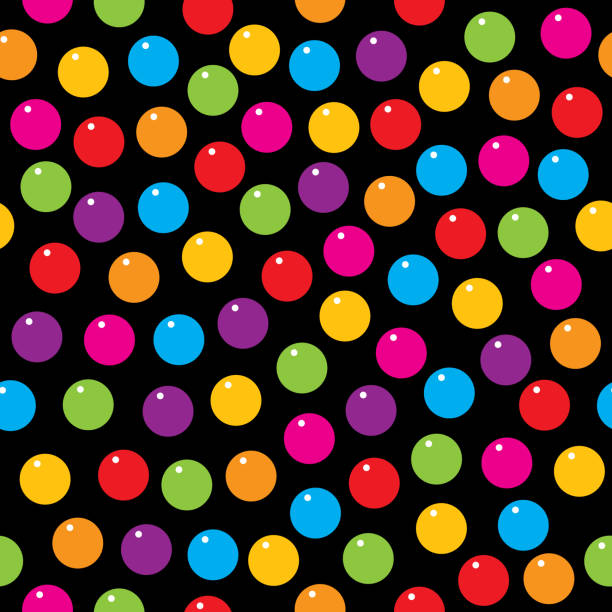 Colorful Gumballs Seamless Pattern Vector seamless pattern of colorful gum balls on black dquare background. gumball machine stock illustrations