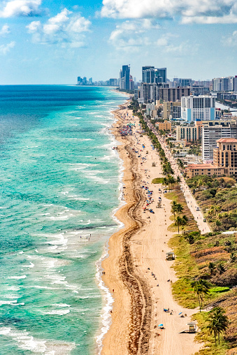 The coastline along South Florida near the Fort Lauderdale area facing south toward the city of Miami shot from an altitude of about 800 feet.